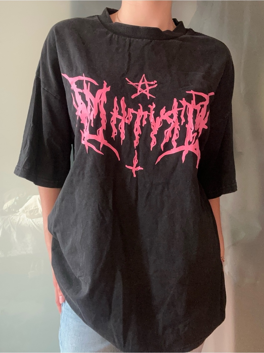 Oversized Black Graphic Tee | Pink Gothic Graphic | Size Medium